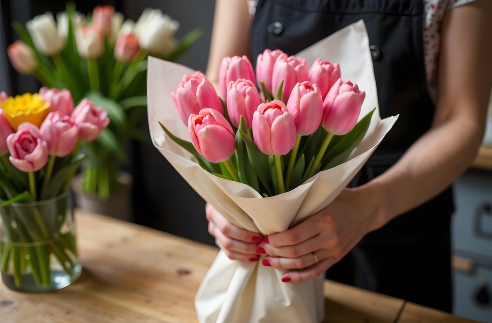 Flower delivery - A happy adult daughter bringing gift and bouquet to senior mother indoors at home